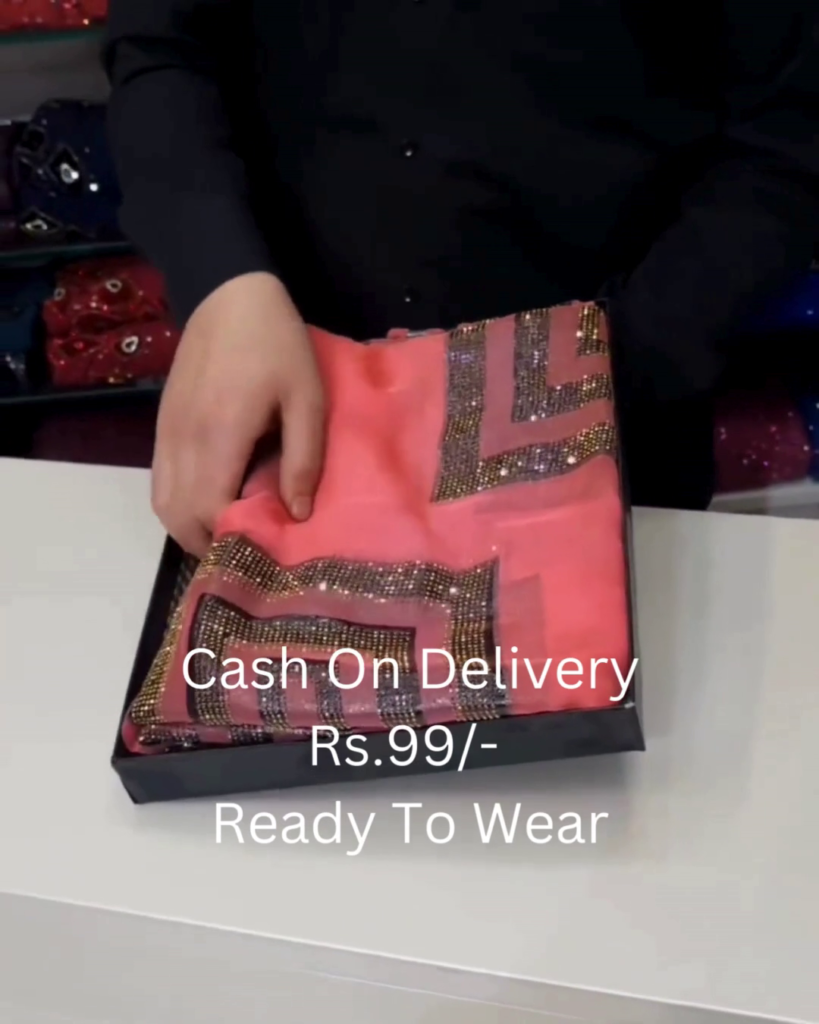 Coral Sunset Shimmer Saree with Crystal Geometric Borders - Photo 1