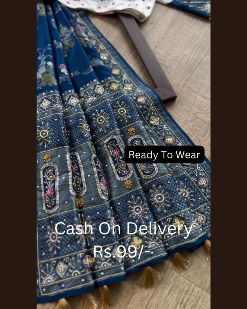 Royal Indigo Silk Saree with Sun-Motif Artistry - Photo 1
