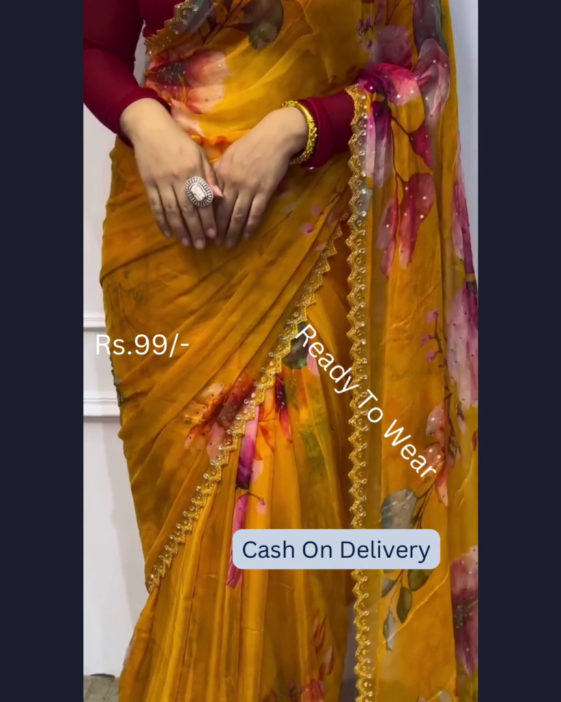 Golden Ochre Floral Saree with Scalloped Zari Trim - Photo 1