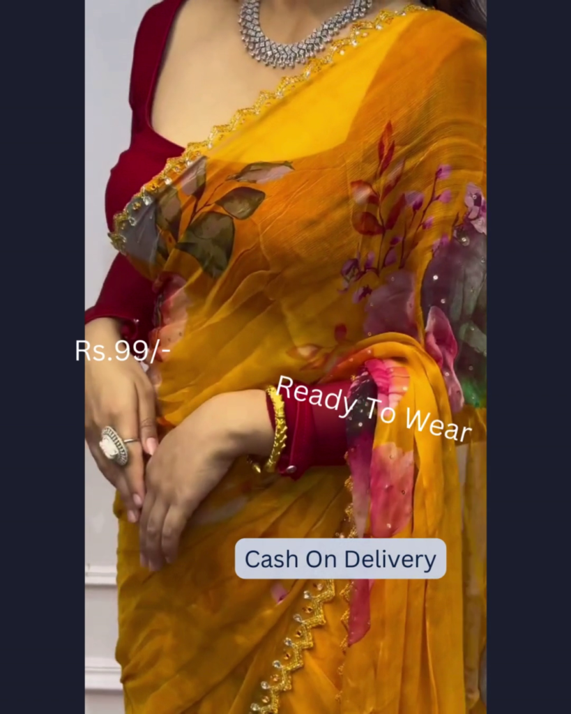 Golden Ochre Floral Saree with Scalloped Zari Trim - Photo 2