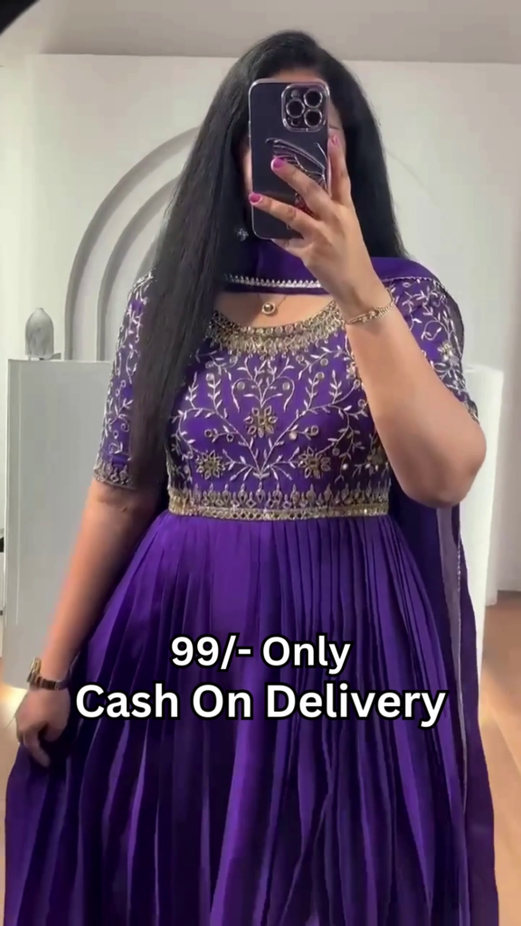 Royal Purple Pleated Anarkali Gown with Mirror Work - Photo 2