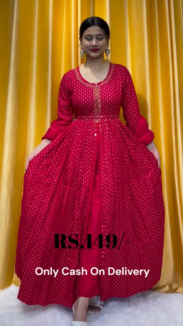 5029-1.png Crimson Polka-Dot Anarkali Gown with Embroidered Cinched Waist