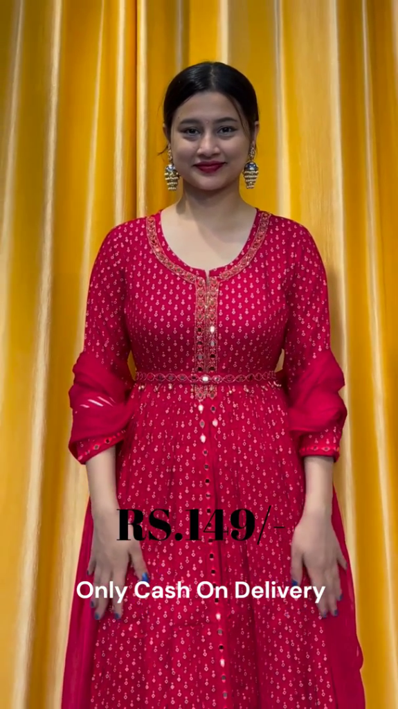 Crimson Polka-Dot Anarkali Gown with Embroidered Cinched Waist - Photo 2