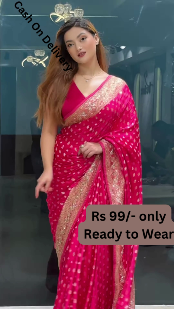 Vibrant Pink Polka Dot Saree with Gilded Lace Border - Photo 1