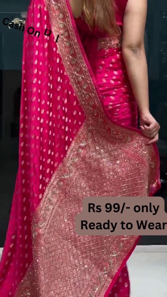 Vibrant Pink Polka Dot Saree with Gilded Lace Border - Photo 2