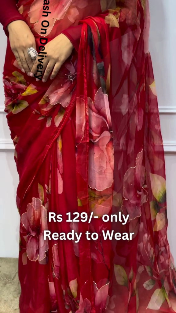 Crimson Bloom Chiffon Saree with Scalloped Gilded Border - Photo 2