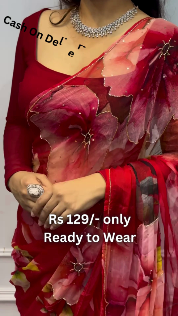 Crimson Bloom Chiffon Saree with Scalloped Gilded Border - Photo 1