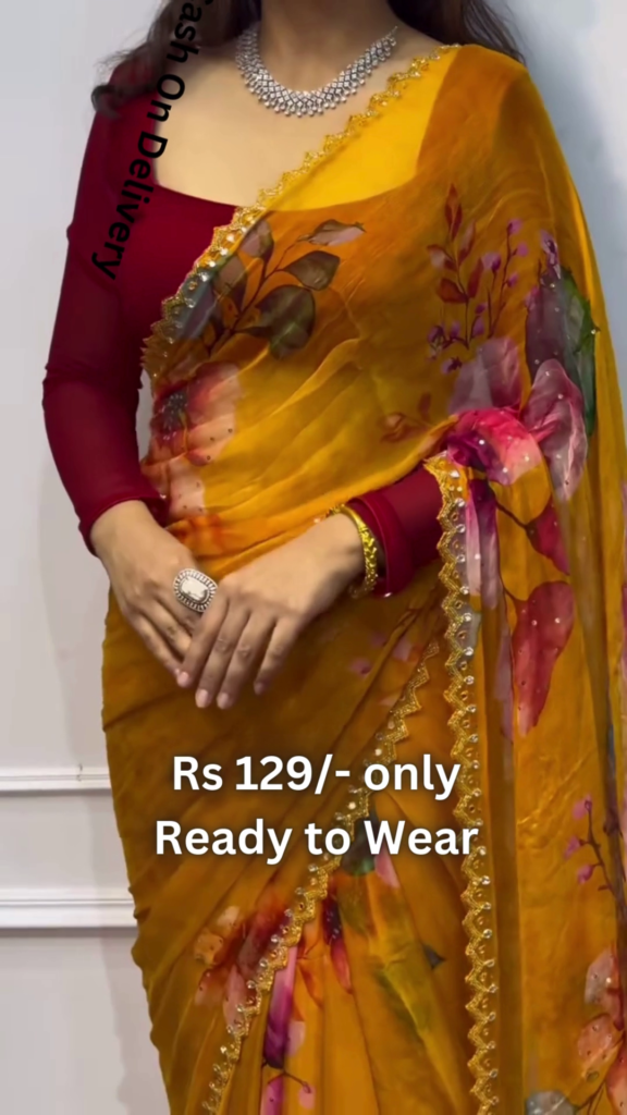 Golden Ochre Chiffon Saree with Painterly Floral Blooms - Photo 1
