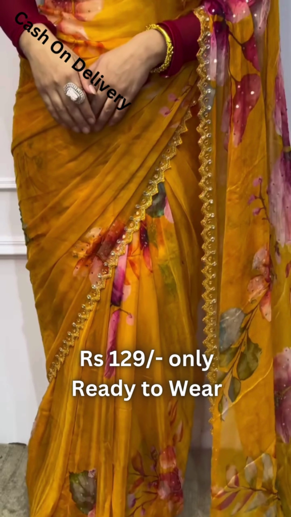 Golden Ochre Chiffon Saree with Painterly Floral Blooms - Photo 2