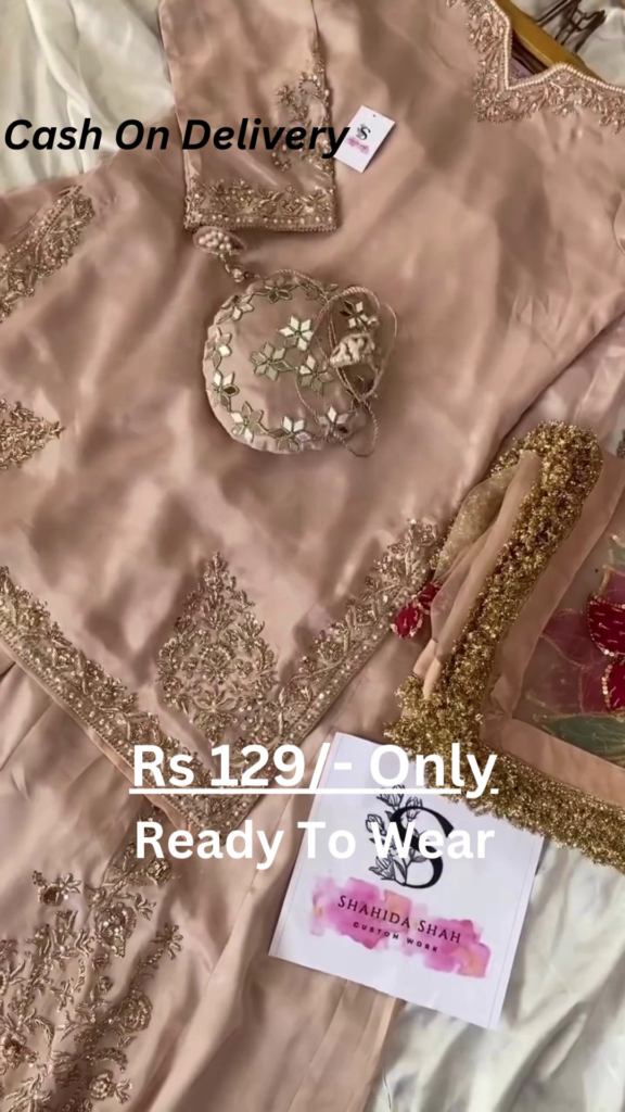 Rose Gold Splendor: Embroidered Silk Suit with Potli Bag - Photo 2