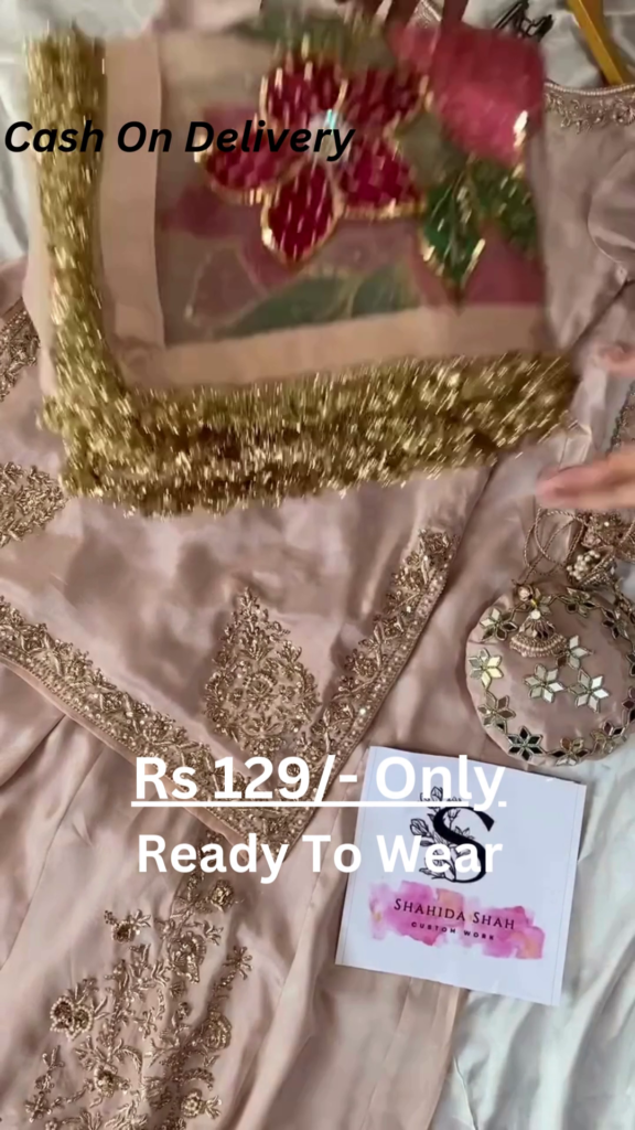 Rose Gold Splendor: Embroidered Silk Suit with Potli Bag - Photo 1