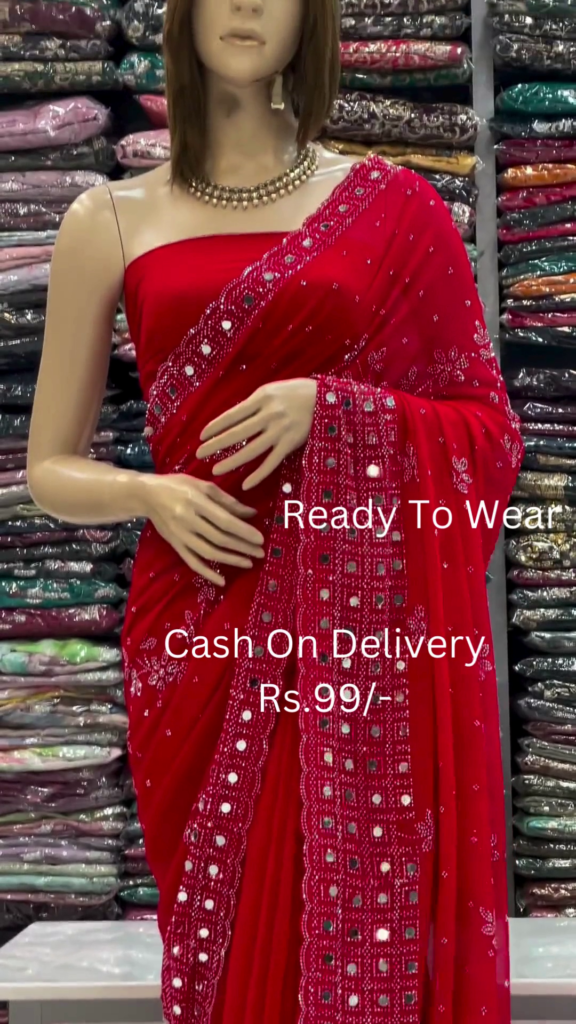 Crimson Radiance: Embroidered Mirror-Work Saree - Photo 2