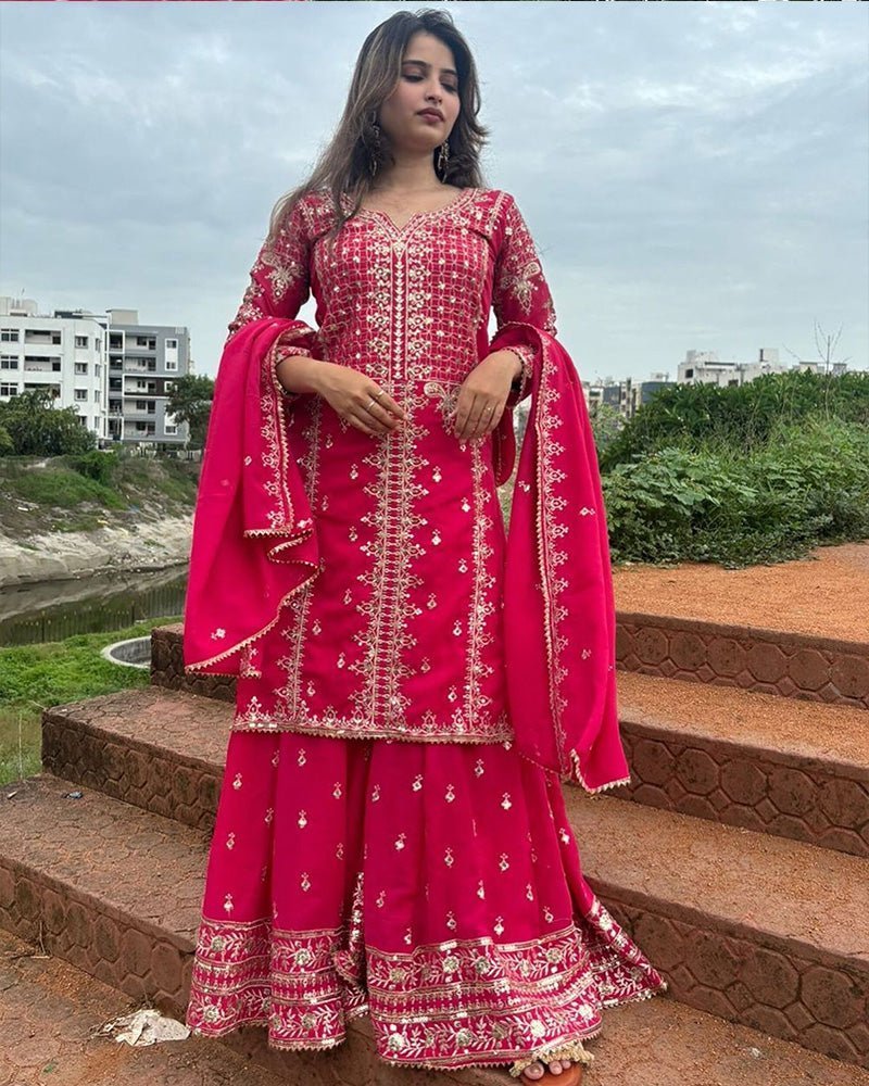 Rani Pink Color Faux Georgette Embroidered Sharara Suit - Photo 1